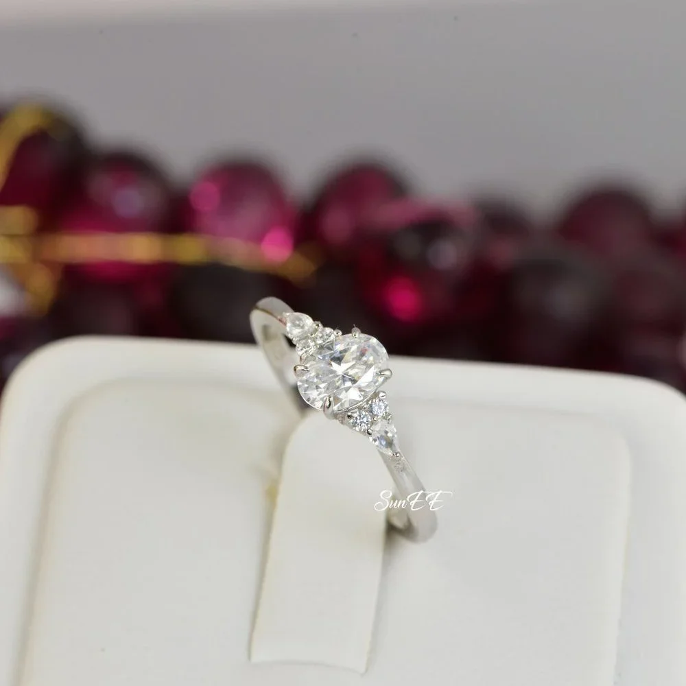 Oval Diamond Cut Simulant w/ Marquis Ring 925 Engagement Ring - Picture 4 of 5